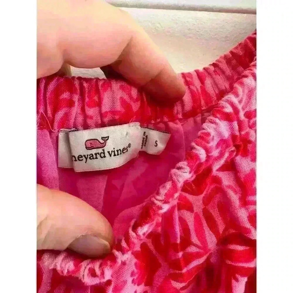 Vineyard Vines Boho Linen Pink Red Tile Otomi Romper Off the Shoulder Size Small - Picture 6 of 8